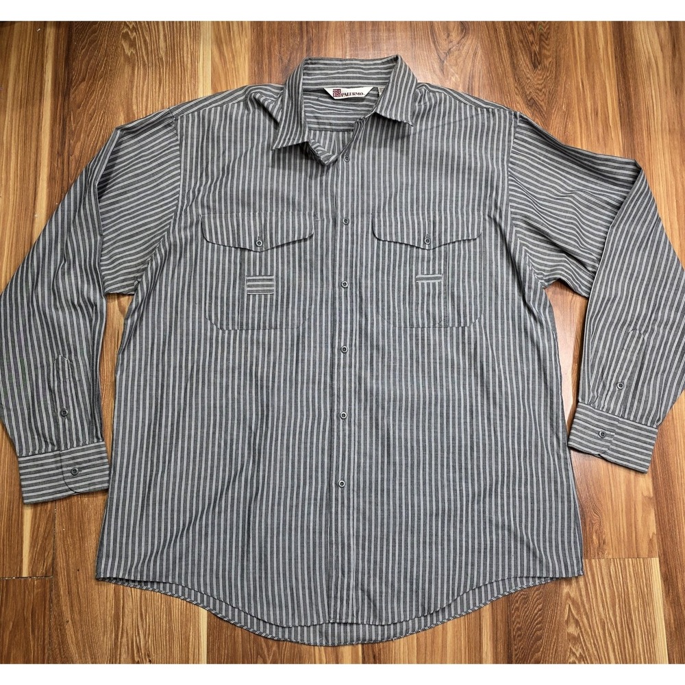 Vintage Palermo Shirt Mens Large Gray Striped Button Front Long Sleeve Pockets